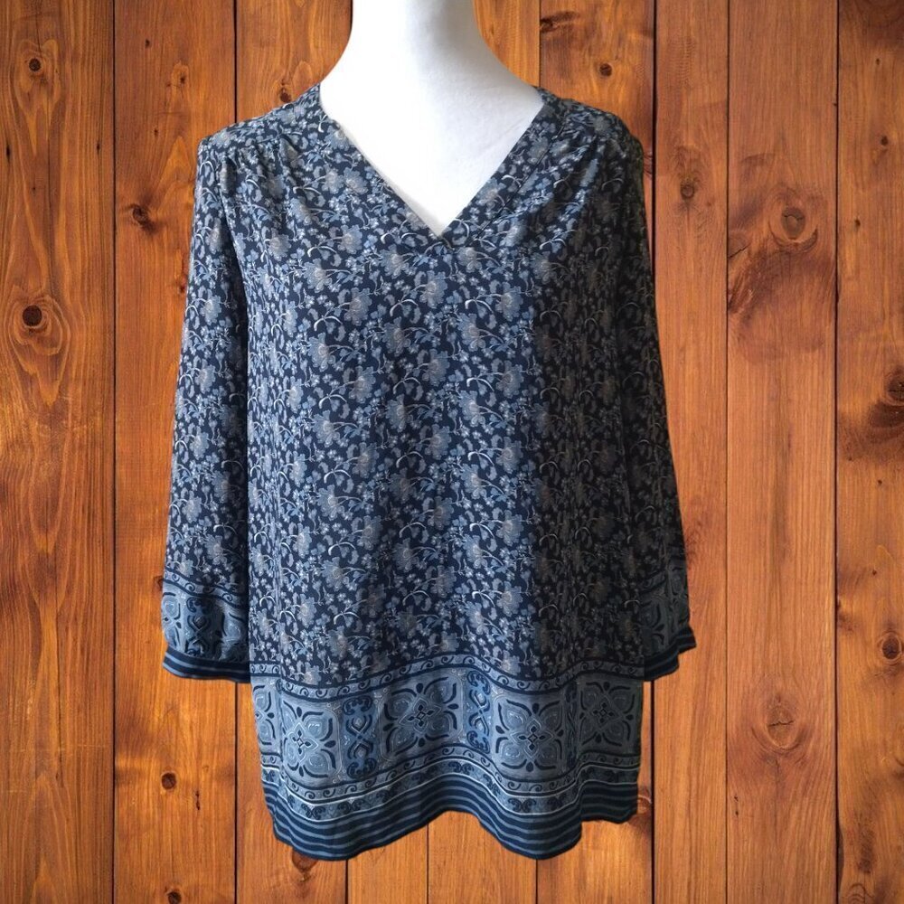 DALIA 3/4 LENGTH SLEEVE FLORAL BLOUSE PULLOVER BOHO HIPPIE BLUE SIZE SMALL